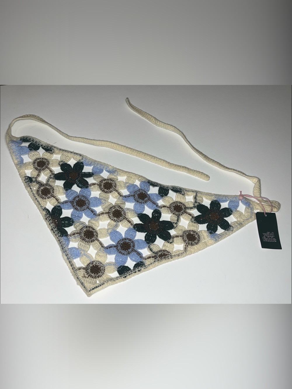 Crochet Floral Triangle Headscarf - Blue, Cream, Green